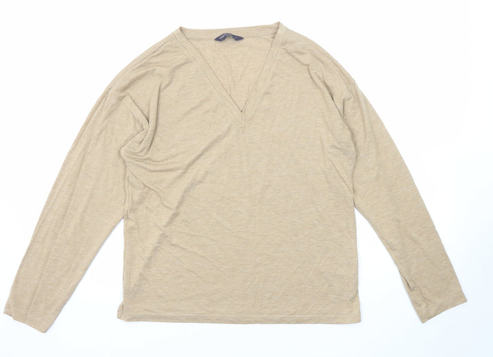 Marks and Spencer Womens Beige Polyester Basic T-Shirt Size 8 V-Neck