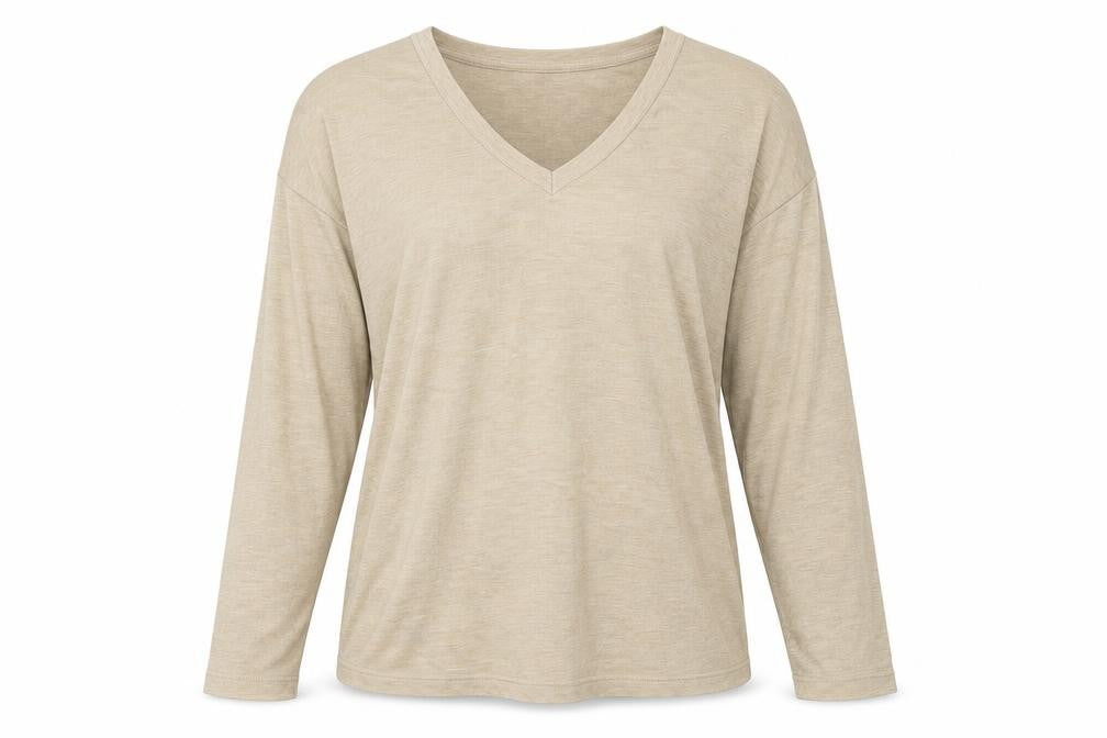 Front view of Marks & Spencer women’s beige polyester basic t-shirt, size UK 8, v-neck