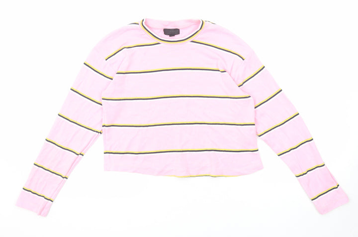 Topshop Womens Pink Striped Cotton Cropped T-Shirt Size 6 Crew Neck
