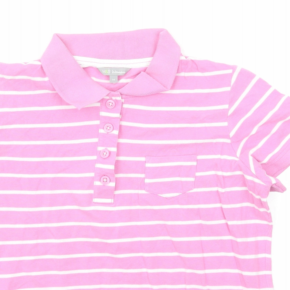 Marks and Spencer Womens Pink Striped Cotton Basic Polo Size 14 Collared