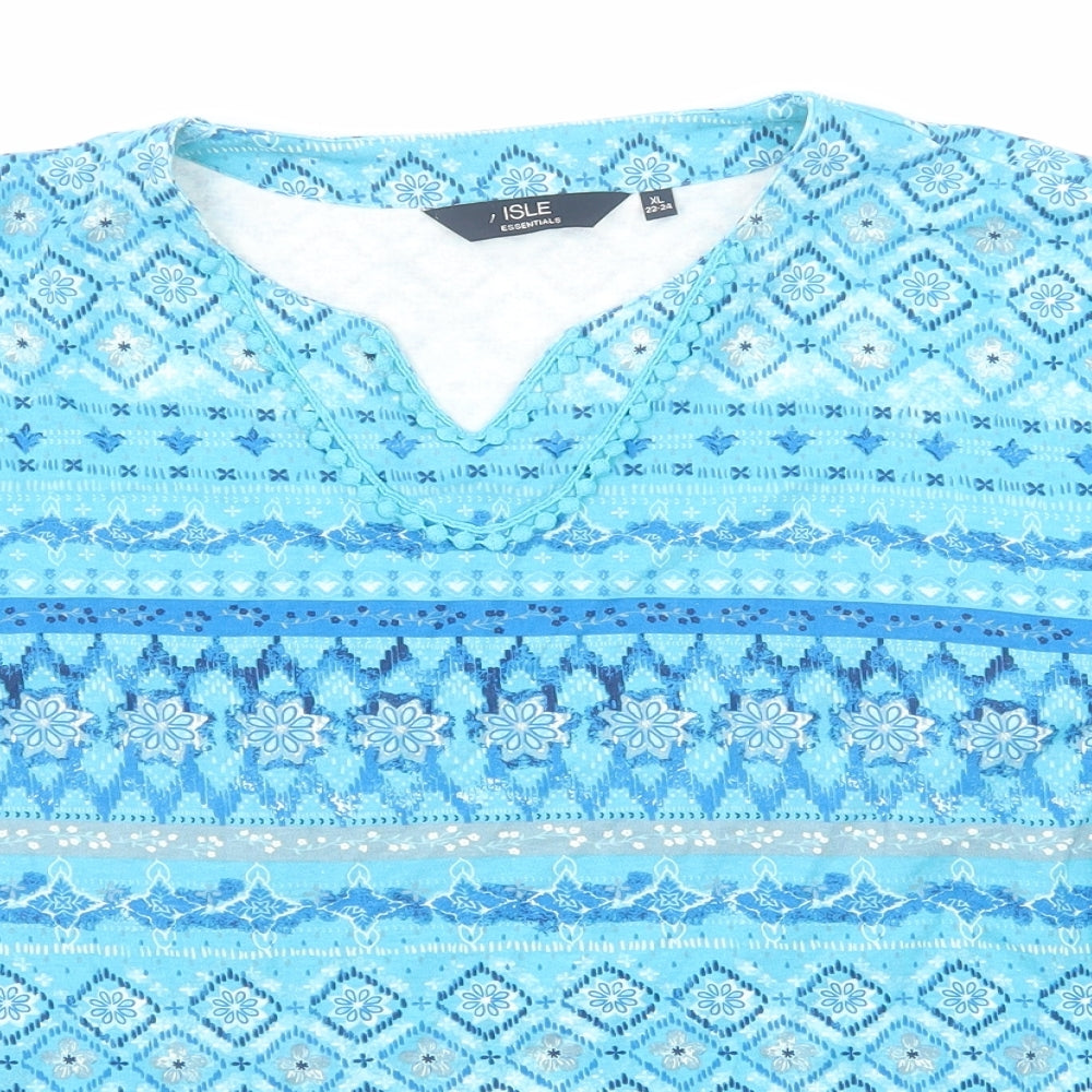 EWM Womens Blue Geometric Cotton Basic T-Shirt Size 22 V-Neck - Size 22-24