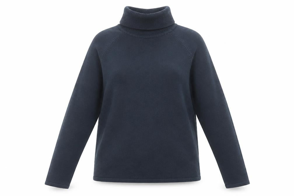 Front view of Armando women’s blue roll neck acrylic jumper, size M