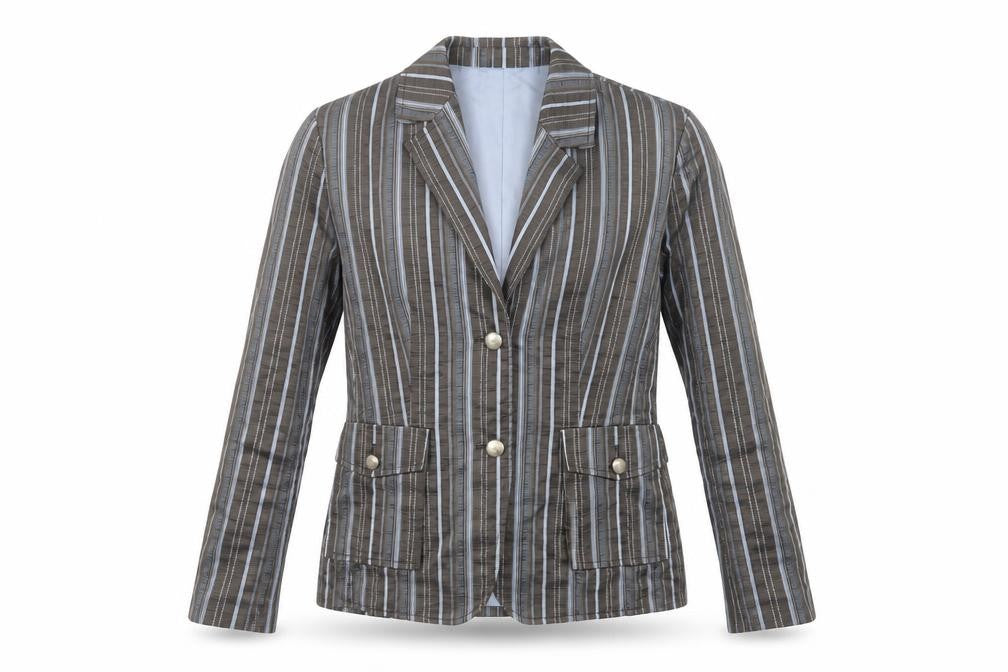 Front view of Taifun women’s grey striped polyester jacket suit jacket, size UK 14