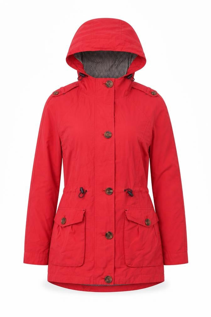Front view of Per Una women’s red jacket, size UK 8, zip