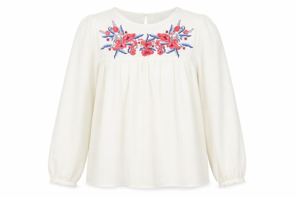Front view of Dorothy Perkins women’s ivory polyester basic blouse, size UK 6, boat neck - flower motif