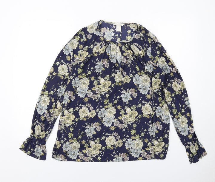 H&M Womens Blue Floral Polyester Basic Blouse Size 8 Boat Neck