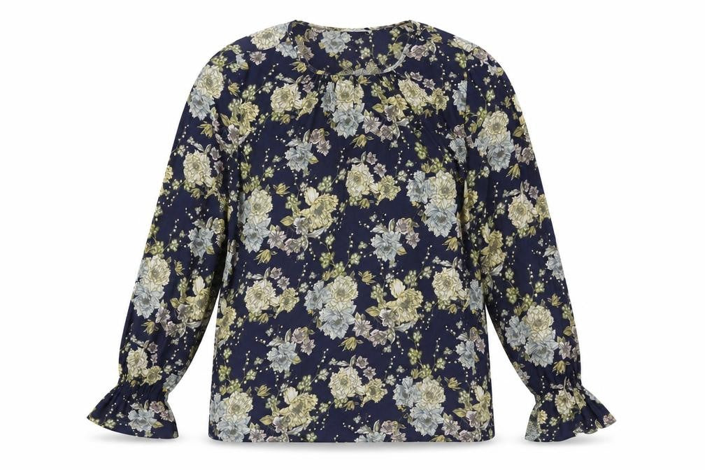 Front view of H&M women’s blue floral polyester basic blouse, size UK 8, boat neck