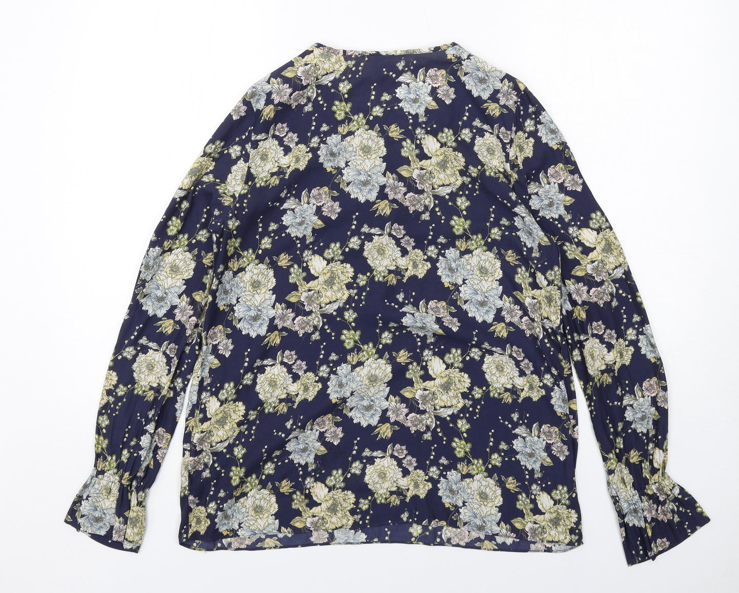 H&M Womens Blue Floral Polyester Basic Blouse Size 8 Boat Neck