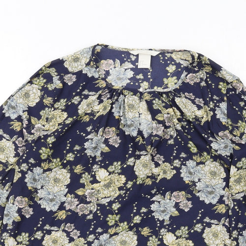 H&M Womens Blue Floral Polyester Basic Blouse Size 8 Boat Neck