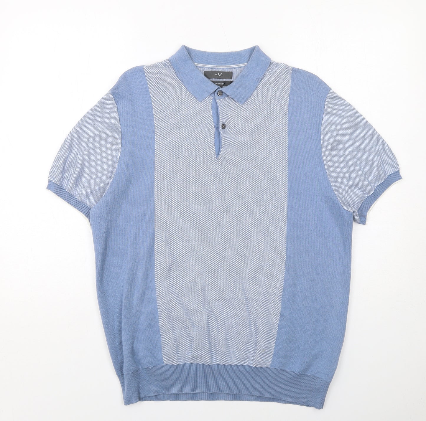 Marks and Spencer Mens Blue Colourblock Cotton Polo Size L Collared Button