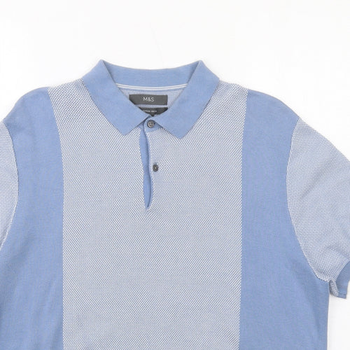 Marks and Spencer Mens Blue Colourblock Cotton Polo Size L Collared Button