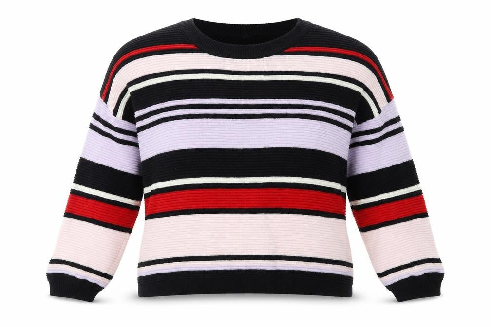 Front view of H&M women’s multicoloured round neck striped cotton jumper, size M