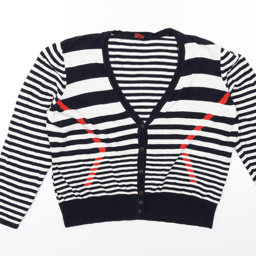 Olsen Womens Blue V-Neck Striped Cotton Cardigan Jumper Size 18