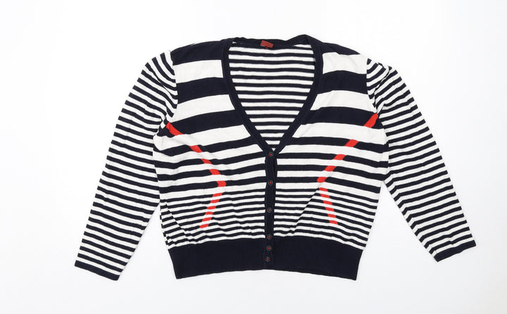 Olsen Womens Blue V-Neck Striped Cotton Cardigan Jumper Size 18