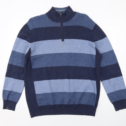 Maine Mens Blue High Neck Striped Cotton Henley Jumper Size L Long Sleeve