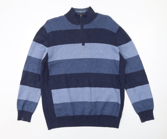 Maine Mens Blue High Neck Striped Cotton Henley Jumper Size L Long Sleeve