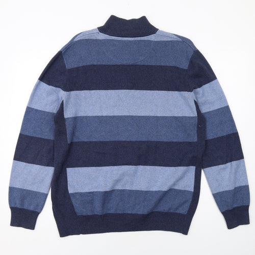 Maine Mens Blue High Neck Striped Cotton Henley Jumper Size L Long Sleeve