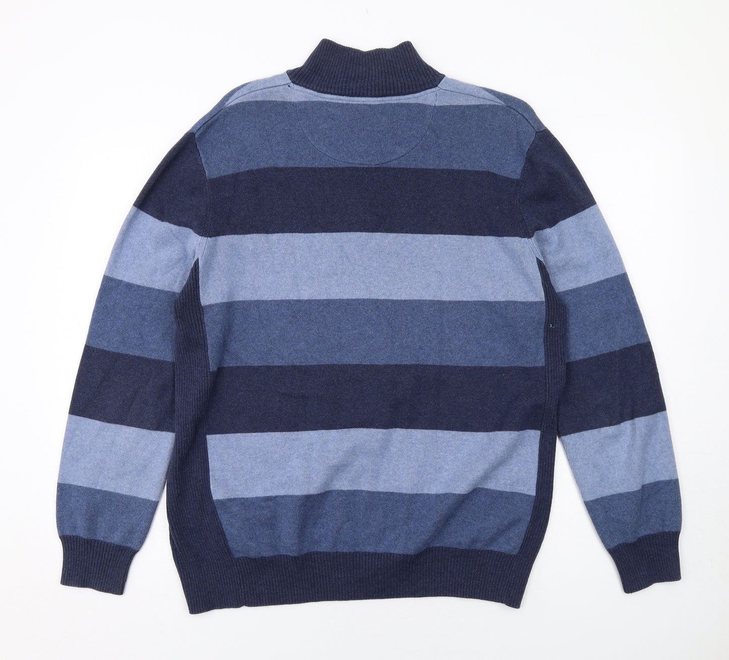 Maine Mens Blue High Neck Striped Cotton Henley Jumper Size L Long Sleeve