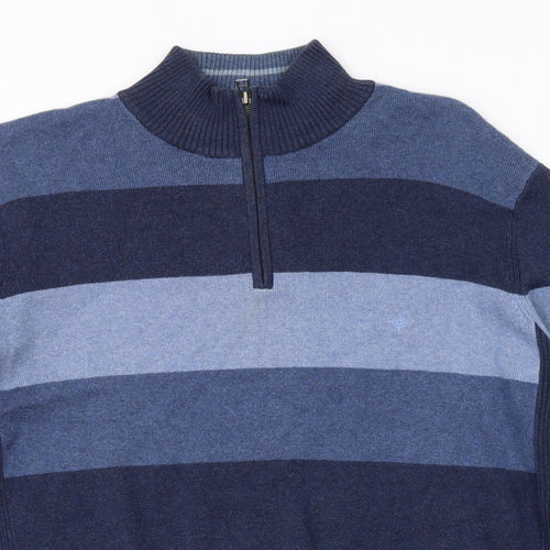 Maine Mens Blue High Neck Striped Cotton Henley Jumper Size L Long Sleeve