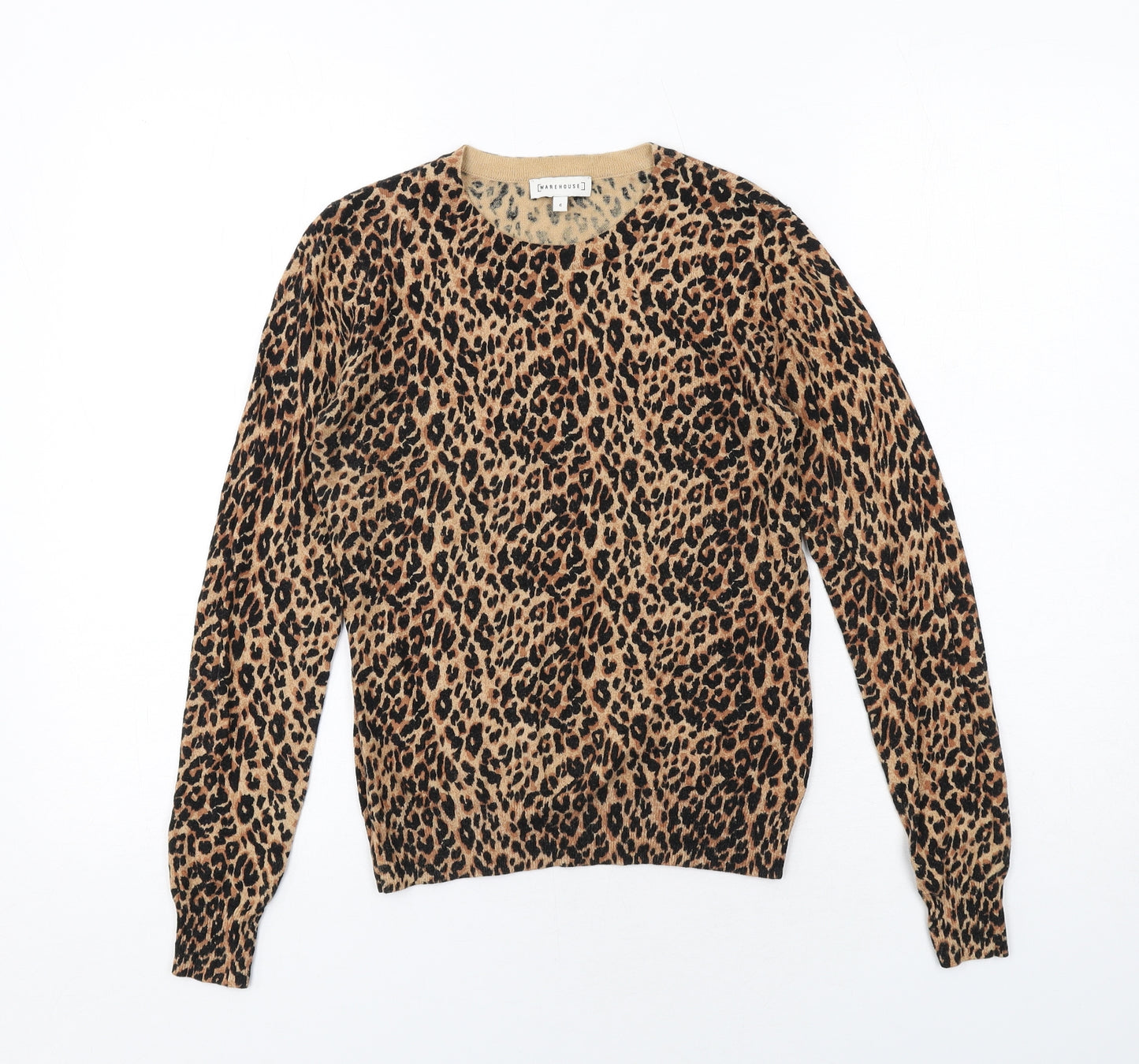 Warehouse Womens Brown Round Neck Animal Print Cotton Pullover Jumper Size 6 - Leopard Print