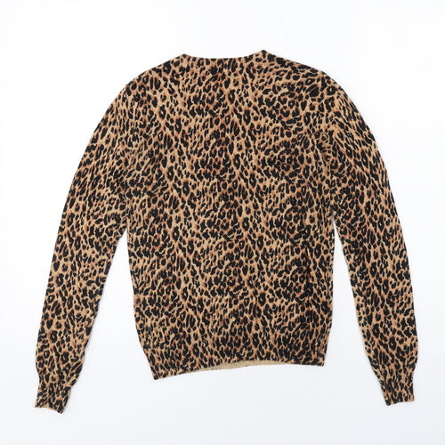 Warehouse Womens Brown Round Neck Animal Print Cotton Pullover Jumper Size 6 - Leopard Print