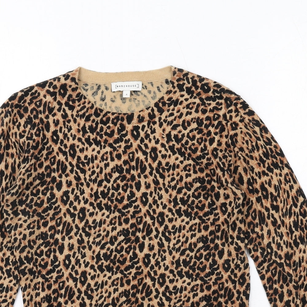 Warehouse Womens Brown Round Neck Animal Print Cotton Pullover Jumper Size 6 - Leopard Print