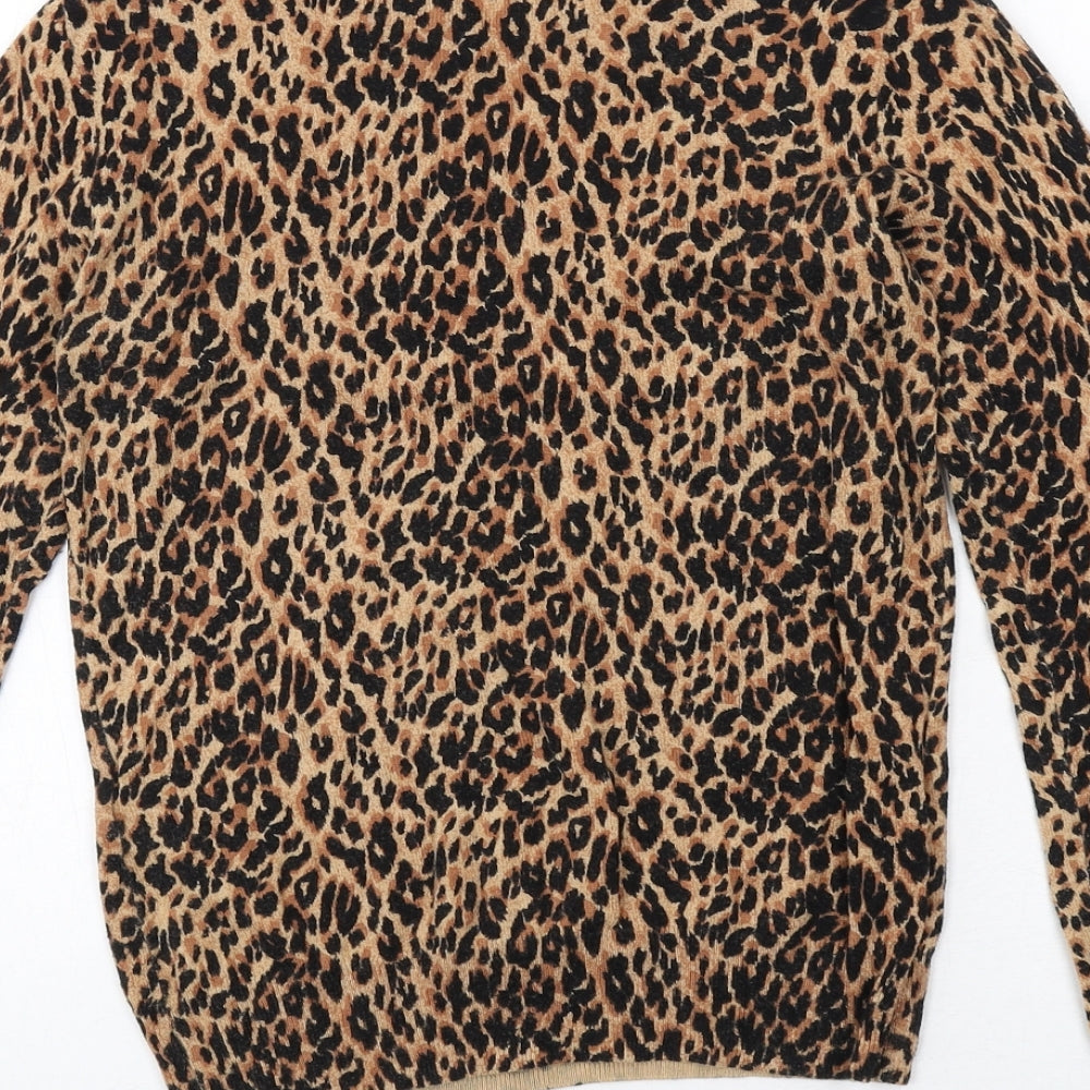 Warehouse Womens Brown Round Neck Animal Print Cotton Pullover Jumper Size 6 - Leopard Print
