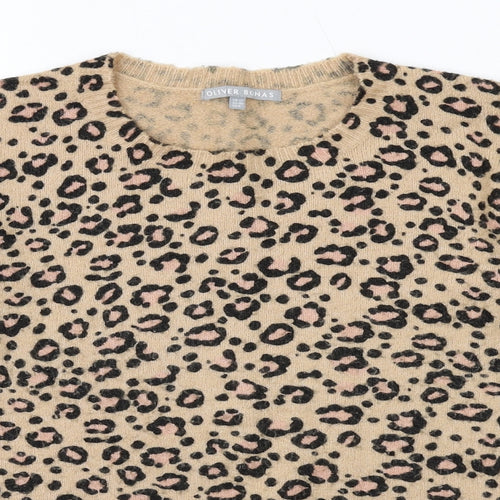 Oliver Bonas Womens Beige Round Neck Animal Print Acrylic Pullover Jumper Size 12 - Leopard Print