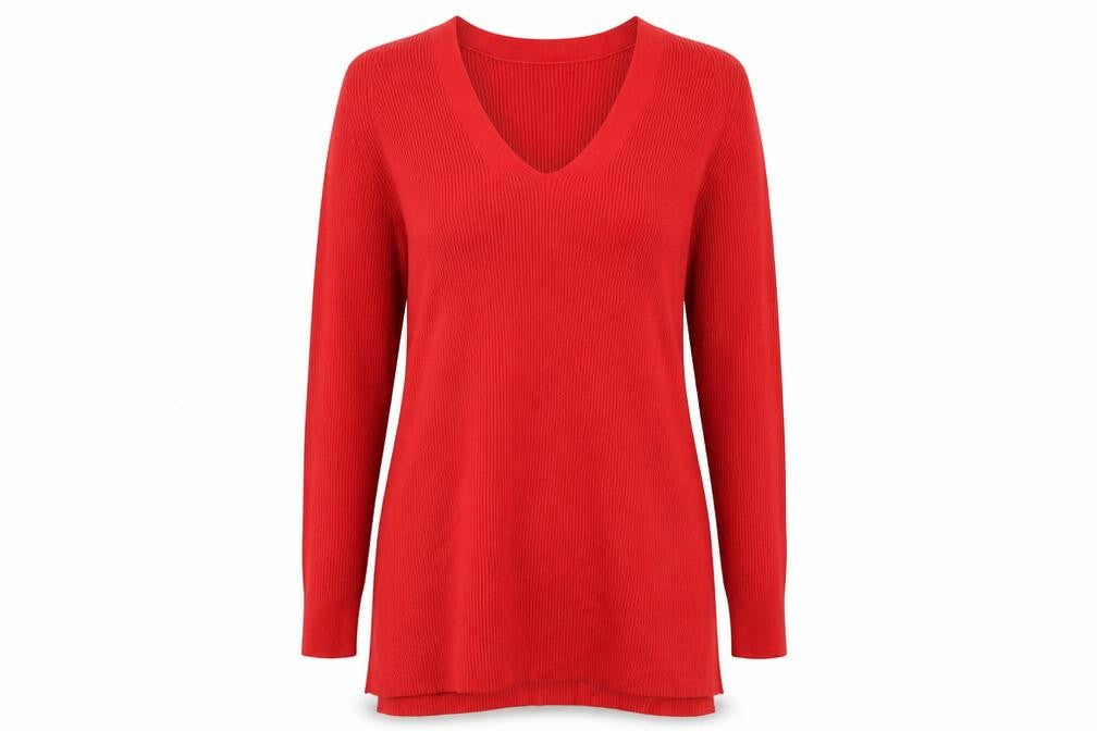 Front view of Marks & Spencer women’s red v-neck viscose jumper, size UK 12