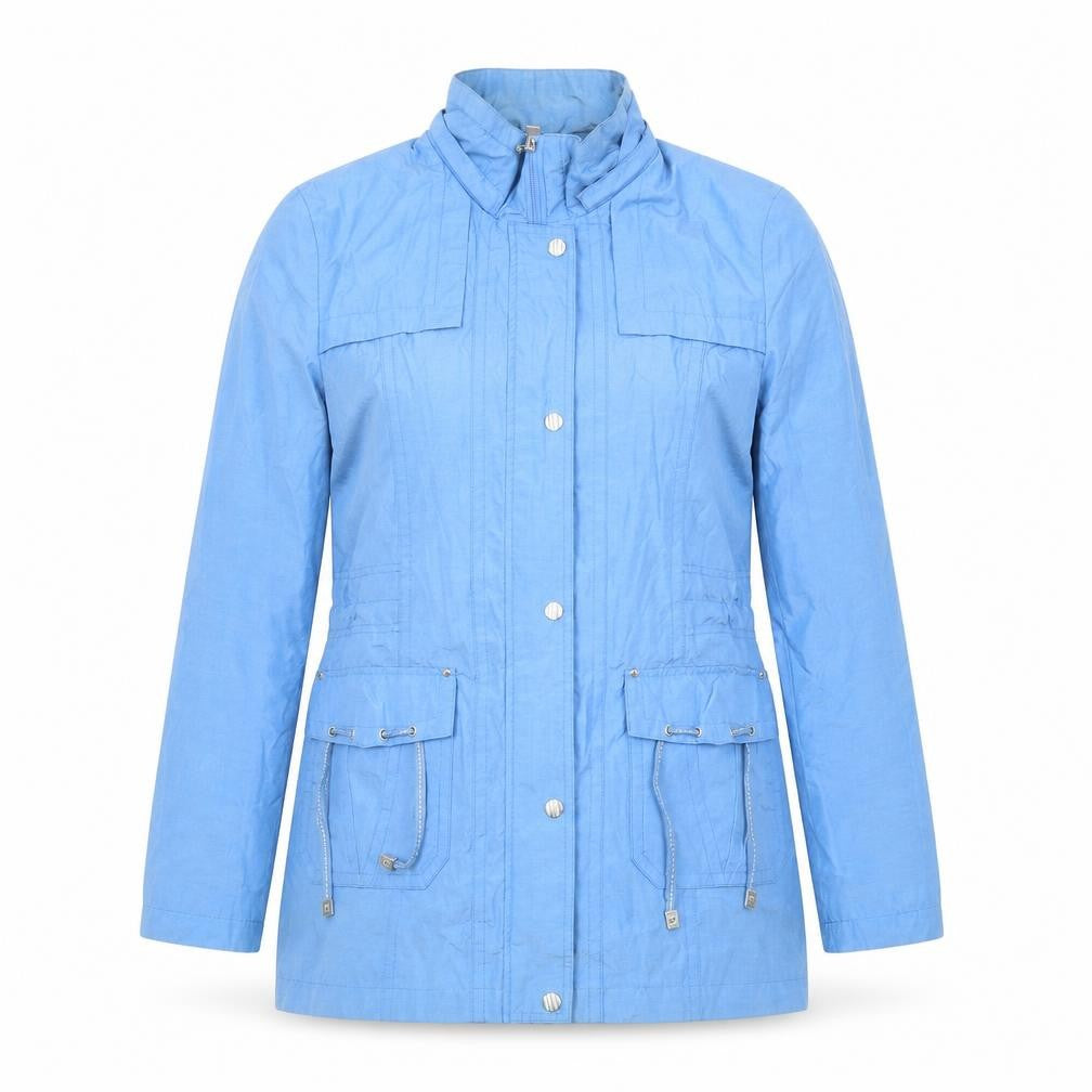 Front view of Anna Rose women’s blue jacket, size UK 12, zip