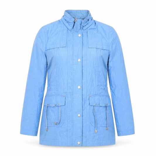 Front view of Anna Rose women’s blue jacket, size UK 12, zip