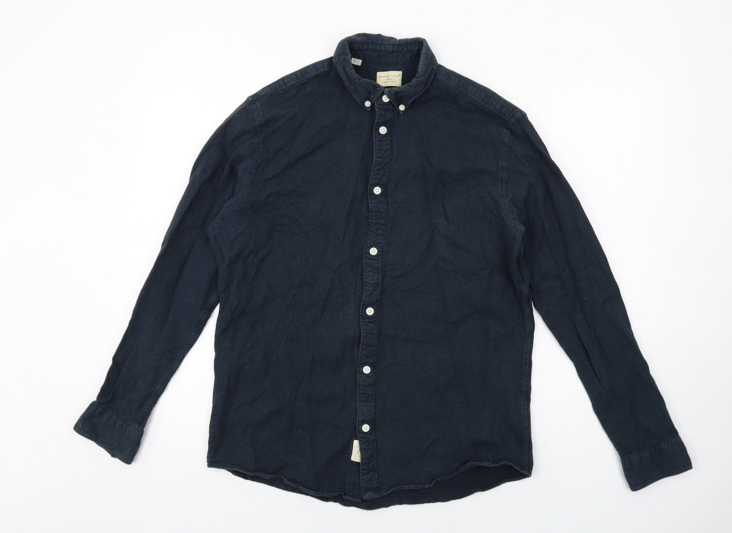 Selected Homme Mens Blue Cotton Button-Up Size L Collared Button