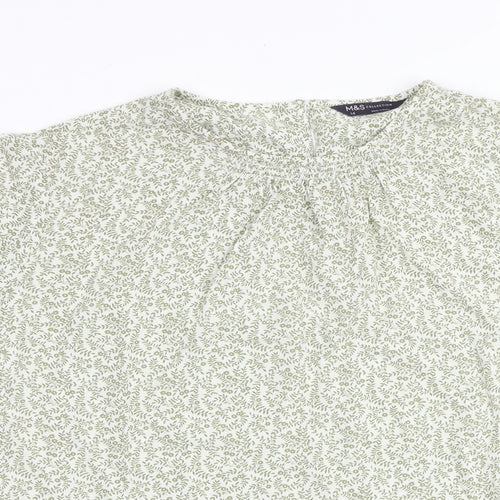 Marks and Spencer Womens Green Geometric Viscose Basic Blouse Size 14 Round Neck