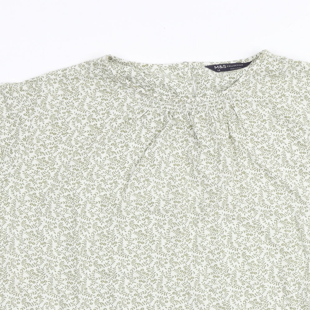 Marks and Spencer Womens Green Geometric Viscose Basic Blouse Size 14 Round Neck