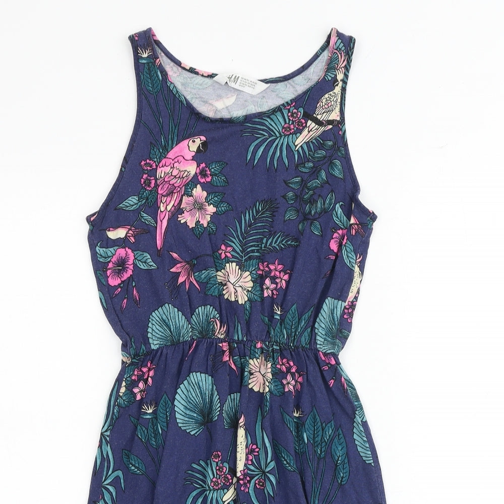 H&M Girls Multicoloured Floral Viscose Tank Dress Size 11-12 Years Boat Neck Pullover