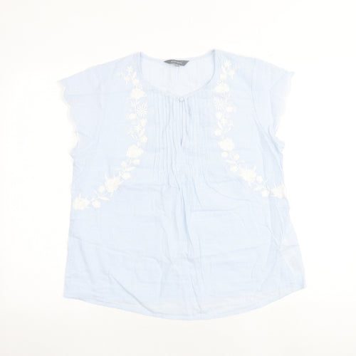 Principles Womens Blue Striped 100% Cotton Basic Blouse Size 12 Round Neck - Floral Detail