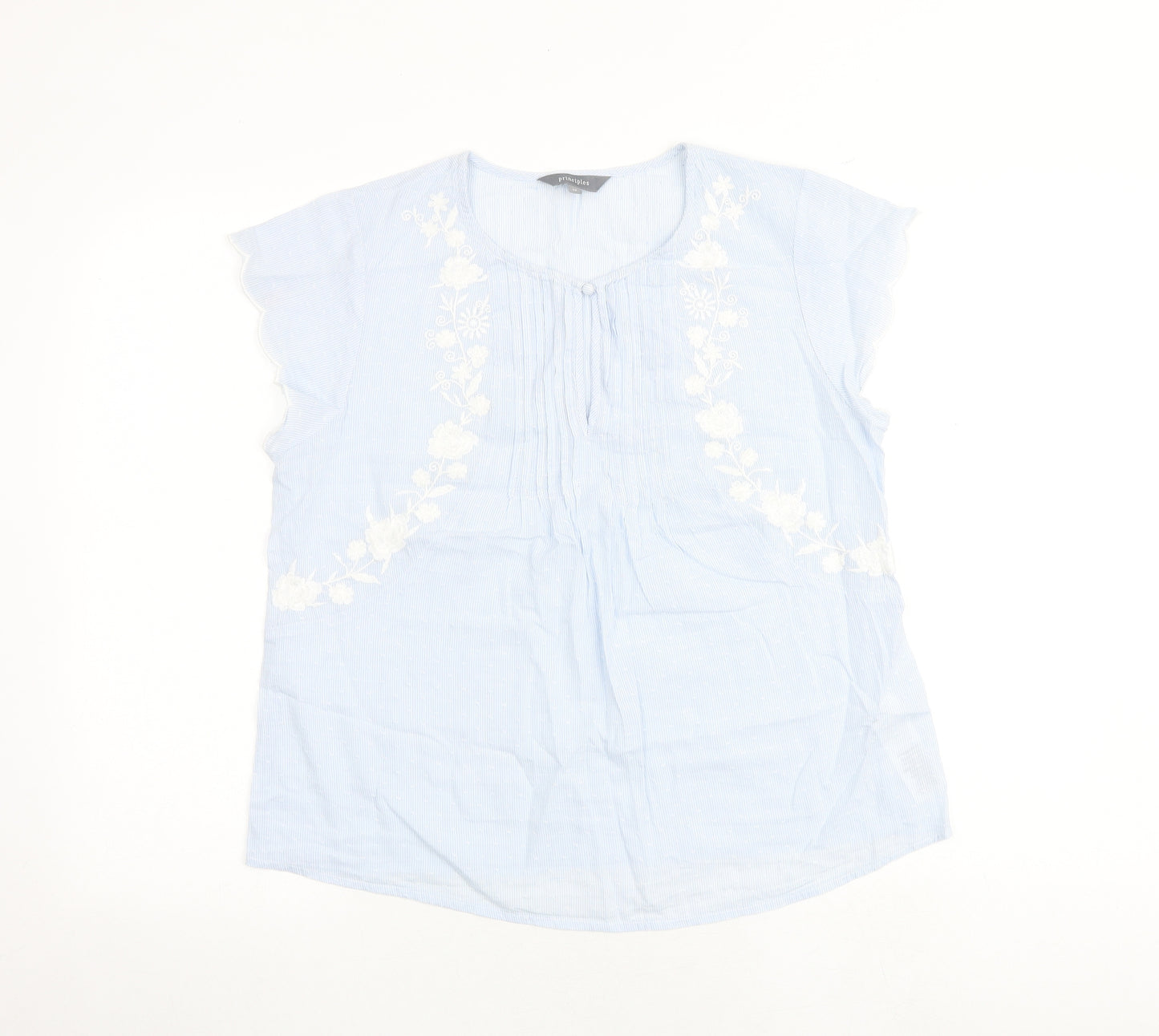 Principles Womens Blue Striped 100% Cotton Basic Blouse Size 12 Round Neck - Floral Detail
