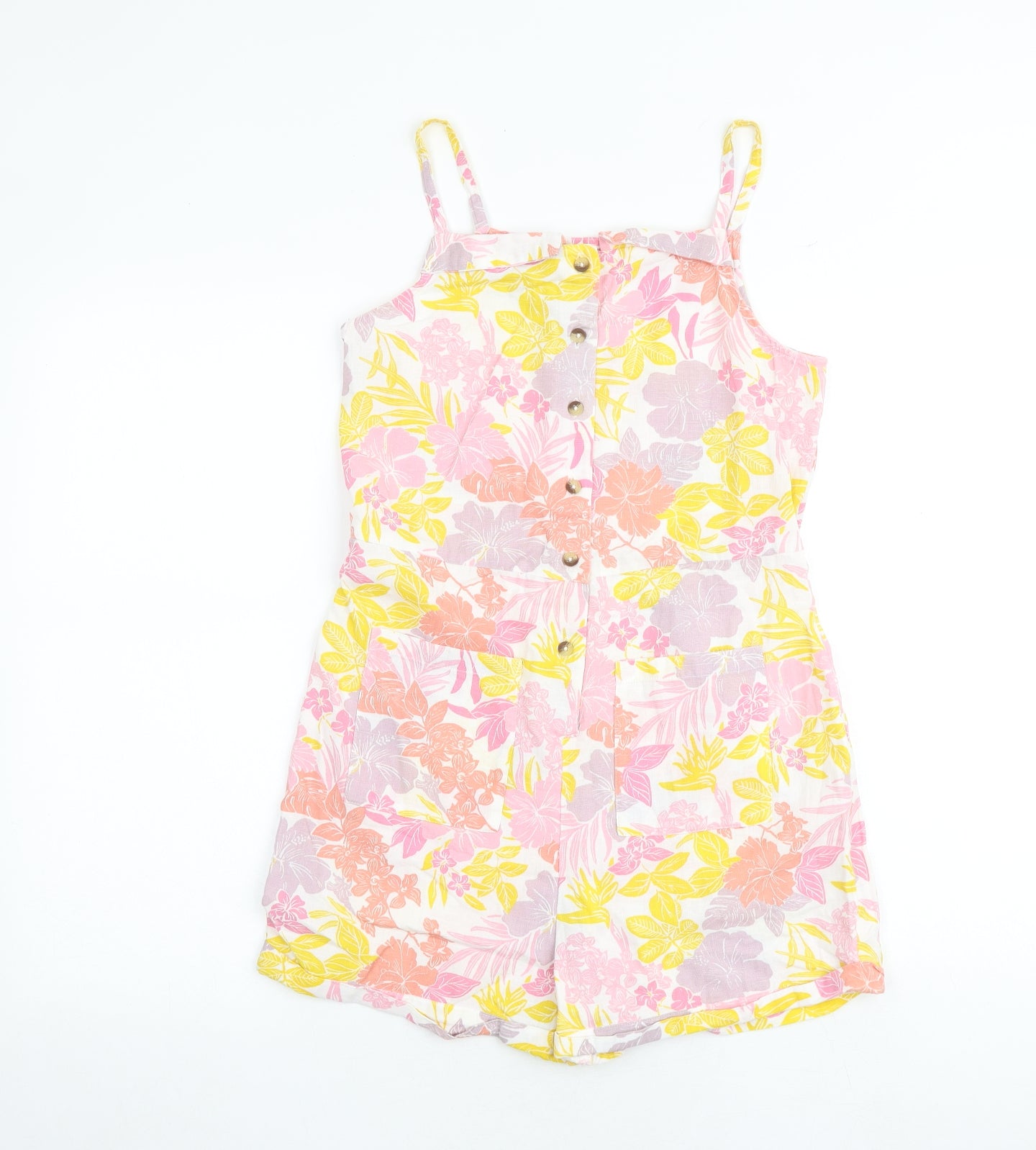 Marks and Spencer Girls Multicoloured Floral Cotton Playsuit One-Piece Size 13-14 Years Button