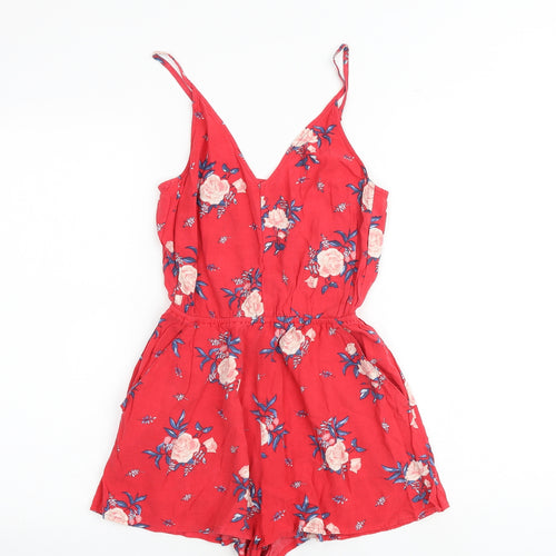 H&M Womens Red Floral Viscose Playsuit One-Piece Size 6 Pullover