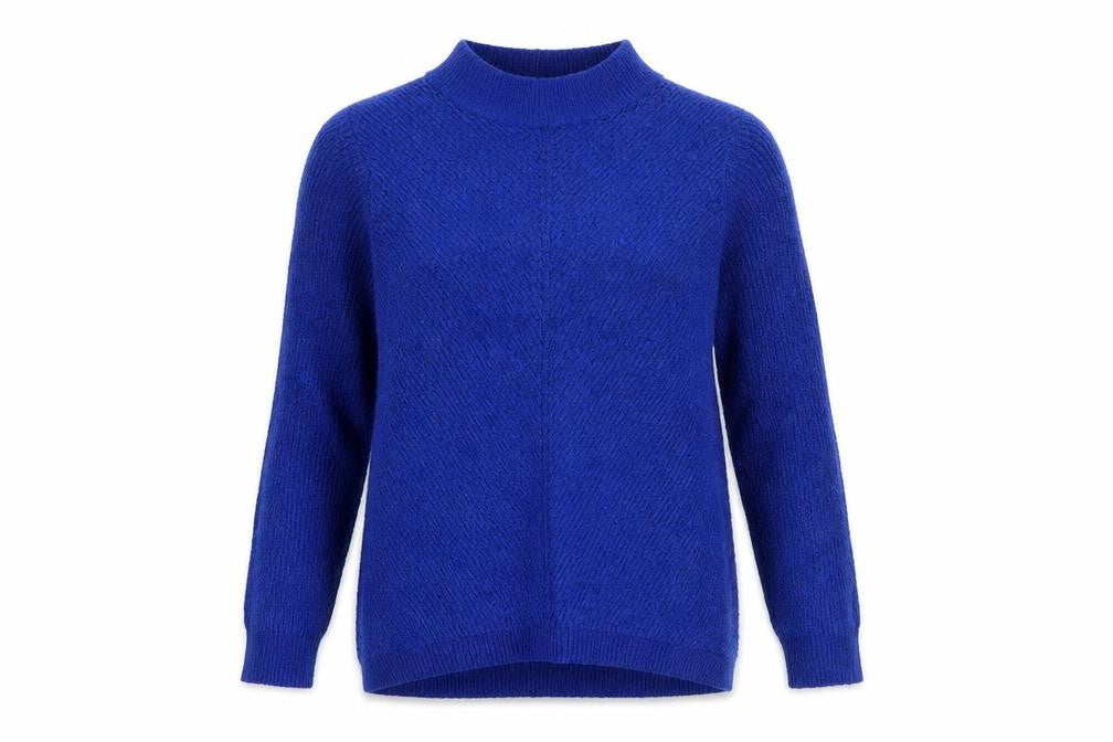 Front view of M&Co women’s blue mock neck acrylic jumper, size UK 12