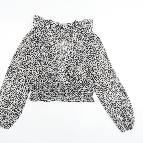 Zara Womens Multicoloured Animal Print Polyester Cropped Blouse Size S V-Neck - Leopard Print
