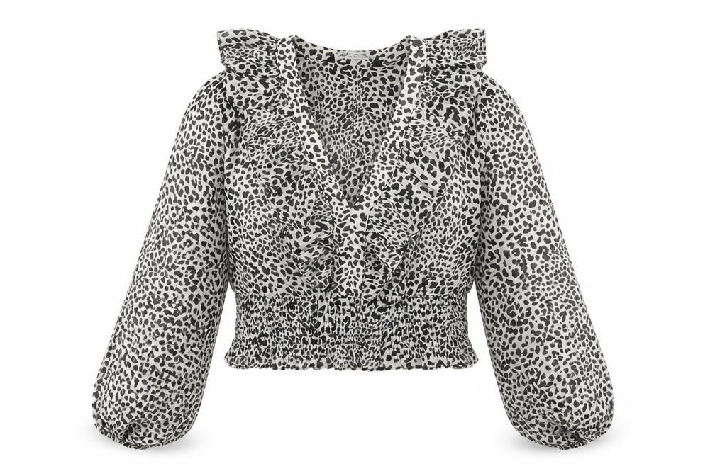 Front view of Zara women’s multicoloured animal print polyester cropped blouse, size S, v-neck - leopard print