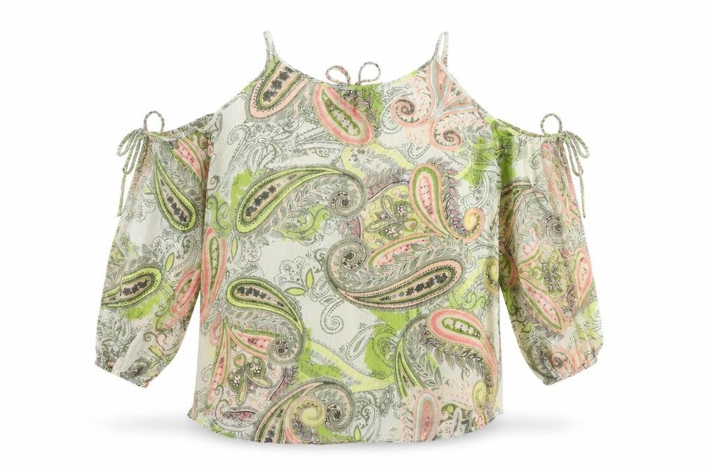 Front view of Next women’s multicoloured paisley viscose basic blouse, size UK 14, round neck - cold shoulder