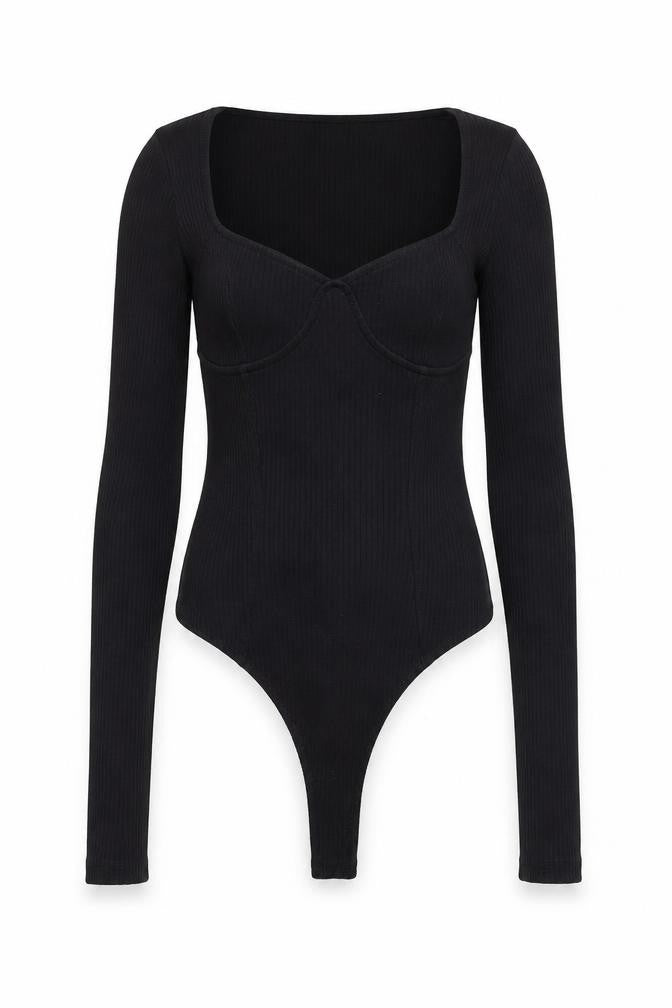 Front view of ASOS women’s black cotton bodysuit one-piece, size UK 6, snap