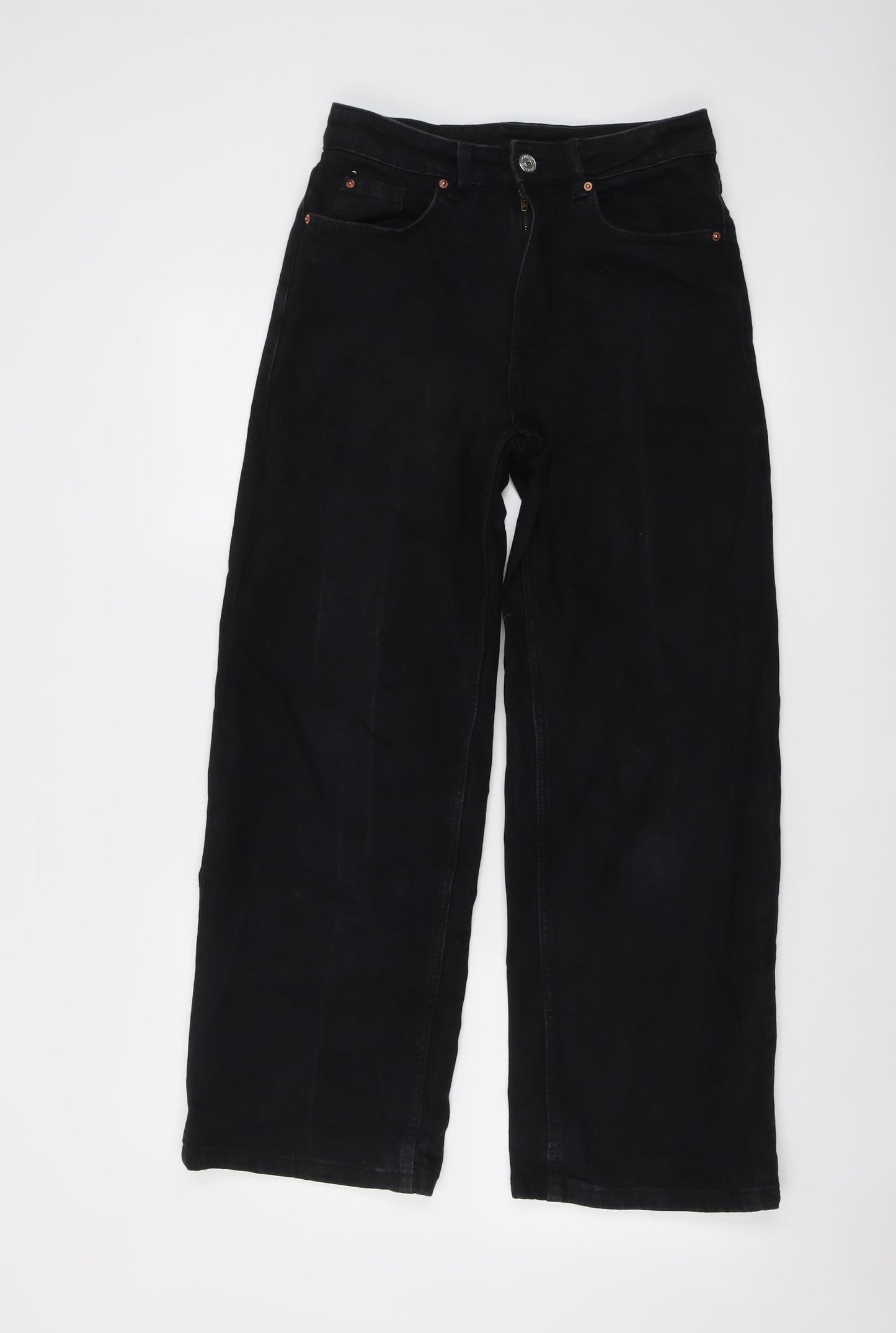 Marks and Spencer Womens Black Cotton Wide-Leg Jeans Size 8 L27 in Regular Button