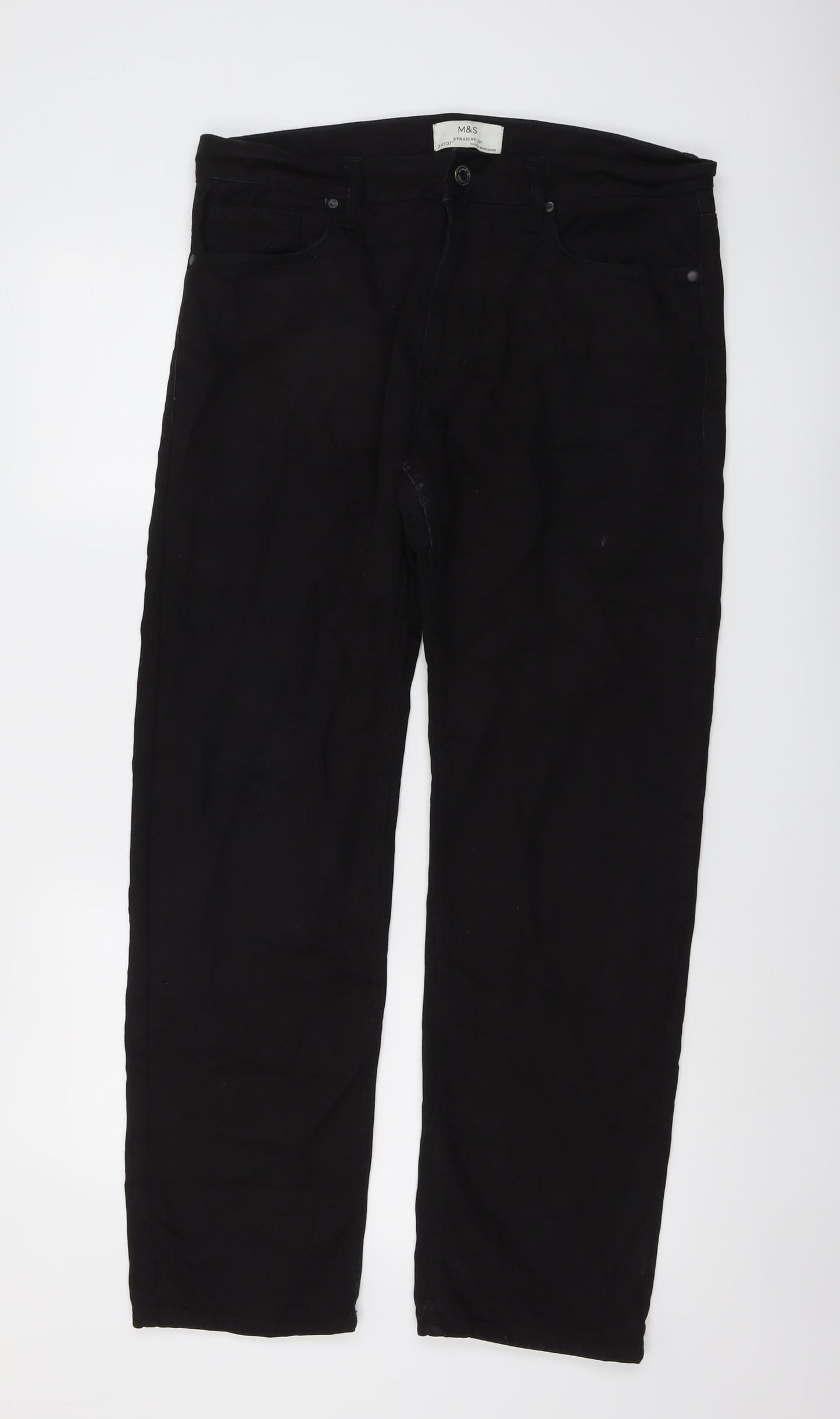 Marks and Spencer Mens Black Cotton Straight Jeans Size 34 in L31 in Regular Button