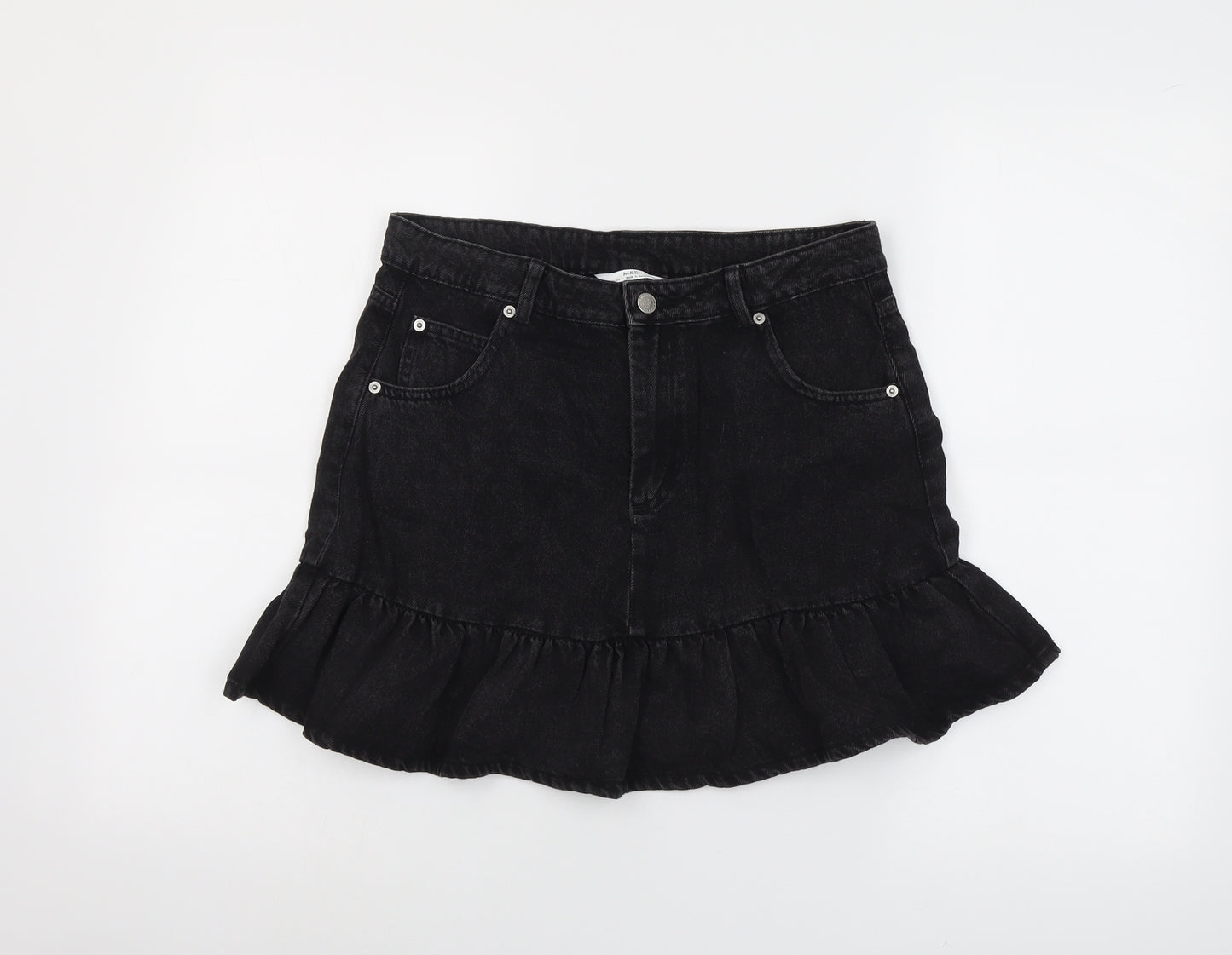 Marks and Spencer Girls Black Cotton Mini Skirt Size 14-15 Years Regular Button