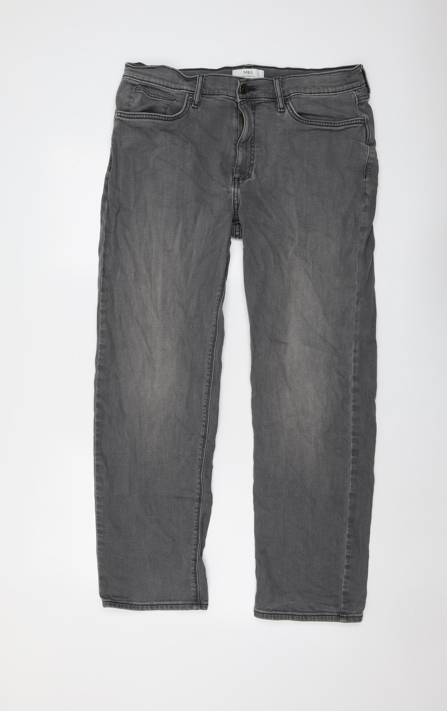 Marks and Spencer Mens Grey Cotton Straight Jeans Size 34 in L31 in Regular Button