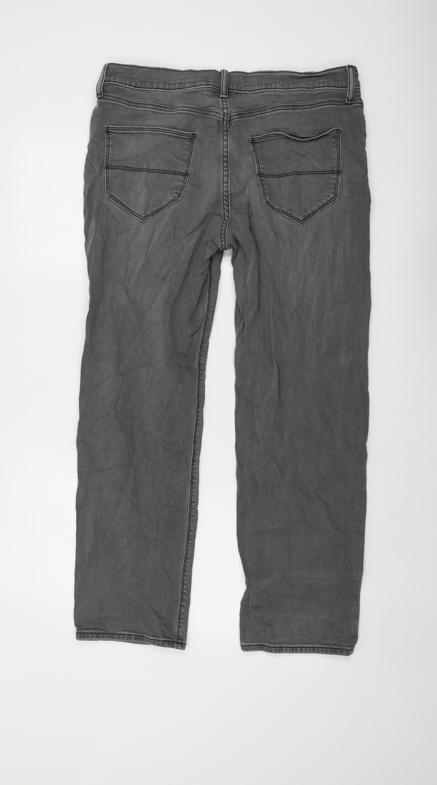 Marks and Spencer Mens Grey Cotton Straight Jeans Size 34 in L31 in Regular Button