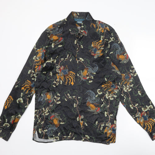 Zara Mens Multicoloured Geometric Polyester Button-Up Size L Collared Button